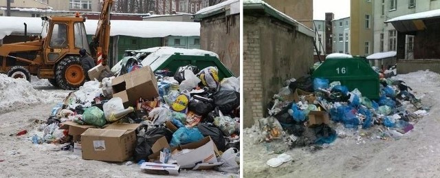 Sterta śmieci na podwórku przy al. Sienkiewicza w Słupsku oraz zdjęcie przesłane przez internautę.