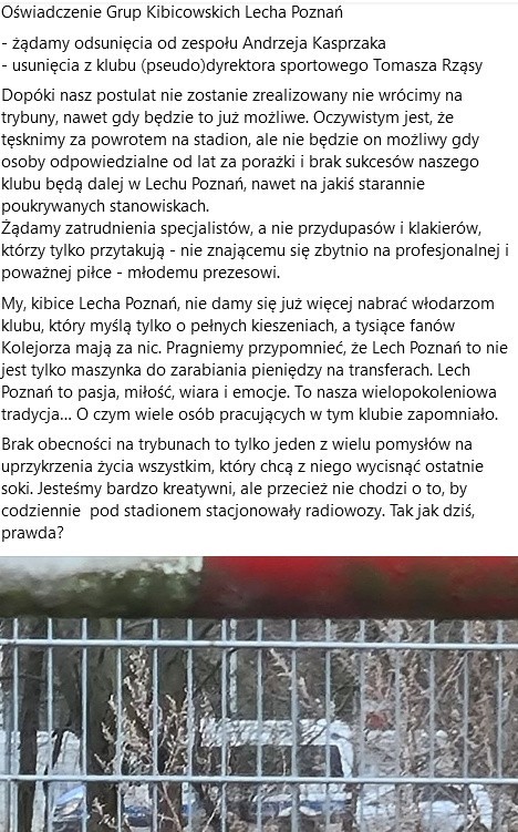 Oświadczenie grup kibicowskich Lecha Poznań