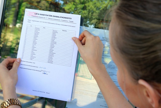 Wczoraj opublikowano listy dzieci zakwalifikowanych do miejskich przedszkoli. Na zdjęciu listy przed PM nr 17
