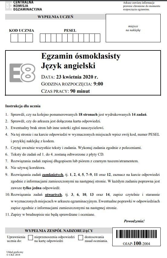 Egzamin ósmoklasisty 2020 - język angielski - ARKUSZ CKE, TRANSKRYPCJA |  Gazeta Wrocławska