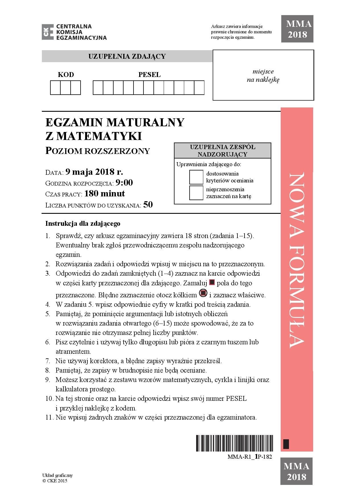 MATURA MATEMATYKA 2018 ROZSZERZONA Odpowiedzi, Rozwiązania, Arkusz CKE