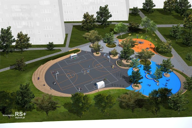 Wizualizacja „Podwórka dla Pława” z boiskiem i miejscami do zabaw dla dzieci i relaksu dla wszystkich