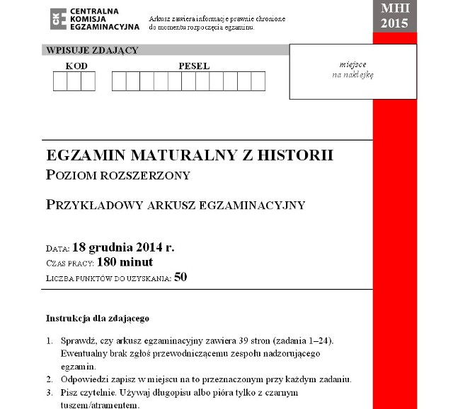 Historia - poziom rozszerzony - arkusz odpowiedzi i klucz odpowiedzi CKE Matura Próbna 2015 - próbny egzamin maturalny grudzień 2014