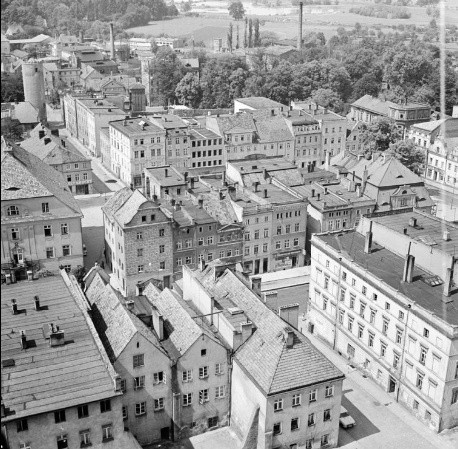 Paczków. Panorama miasta widziana z wieży kościelnej. Rok 1973.