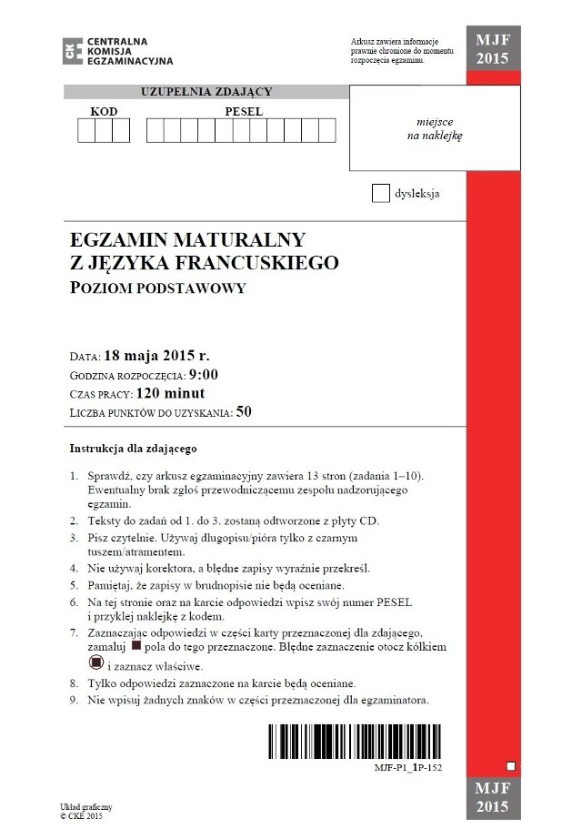 MATURA 2015 JĘZYK FRANCUSKI POZIOM PODSTAWOWY DLA LICEUM ARKUSZ CKE