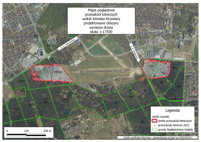 Mapa poglądowa przeszkód lotniczych wokół lotniska Krywlan