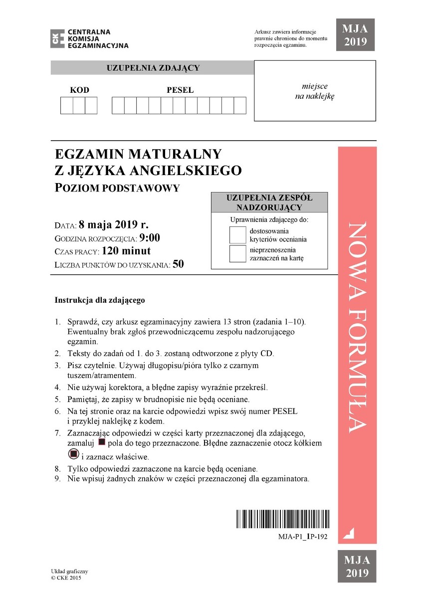 Matura Angielski podstawowy 2019 Arkusze CKE, Odpowiedzi,...