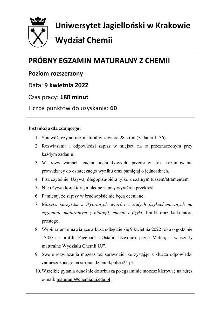 Próbna matura z chemii 2022 r. z Wydziałem Chemii...