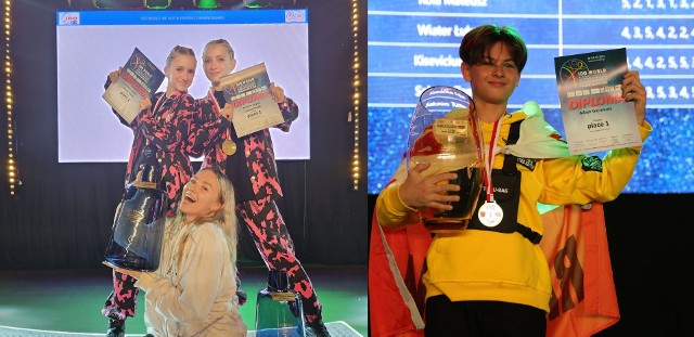 Na zdjęciu od lewej: Mistrzyniami Świata w kategorii duetów zostały Amelia i Oliwia Kopeć, a Mistrzem Świata wśród solistów został Adam Giermuda.