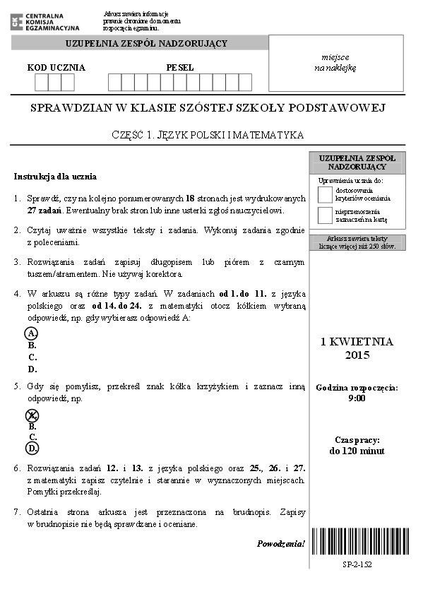 Sprawdzian szóstoklasisty 2015 z CKE język polski i matematyka. Arkusze