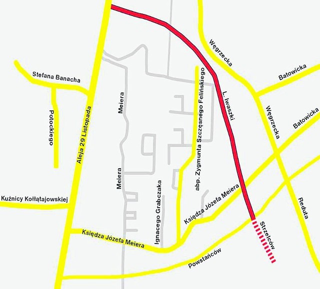 Mapa prezentuje przybliżony przebieg planowanej ulicy Iwaszki. Zgodnie z nowymi założeniami urzędników miejskich, ta ważna droga ma powstać dopiero za cztery lata, czyli do 2022 roku 