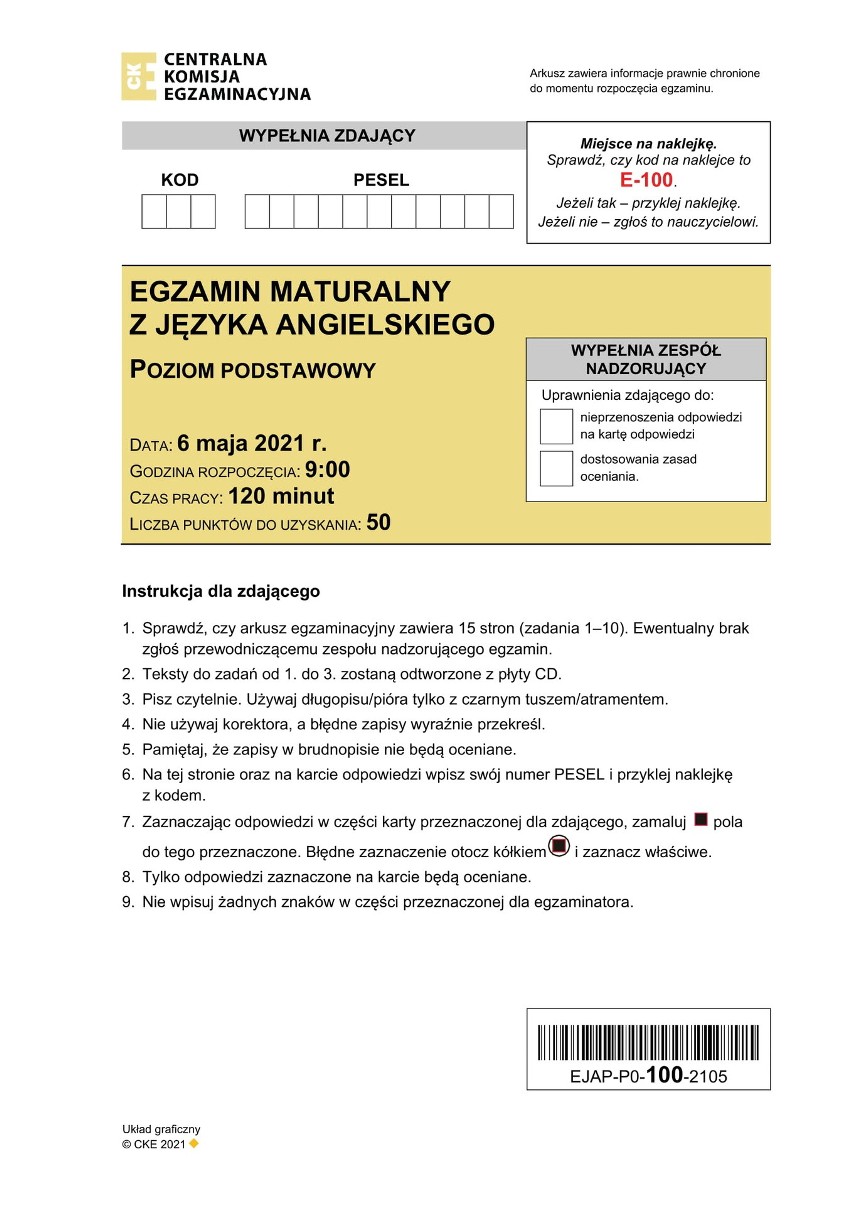 MATURA CKE z angielskiego na poziomie podstawowym [ARKUSZ, KLUCZ ODPOWIEDZI z matury z j. angielskiego] 6.05.2021