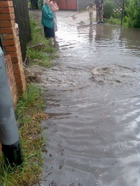 Po ulewnych deszczach, które przeszly w sobote póLnym popoludniem nad Zieloną Górą, strumien opuścil koryto i zalal posesje przy ulicy Mokrej.