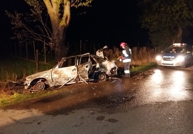 Wypadek w gminie Wojciechowice. Opel uderzył w drzewo i stanął w płomieniach