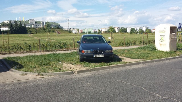 Klasyczny przykład autodrania, który zaparkował na trawniku.