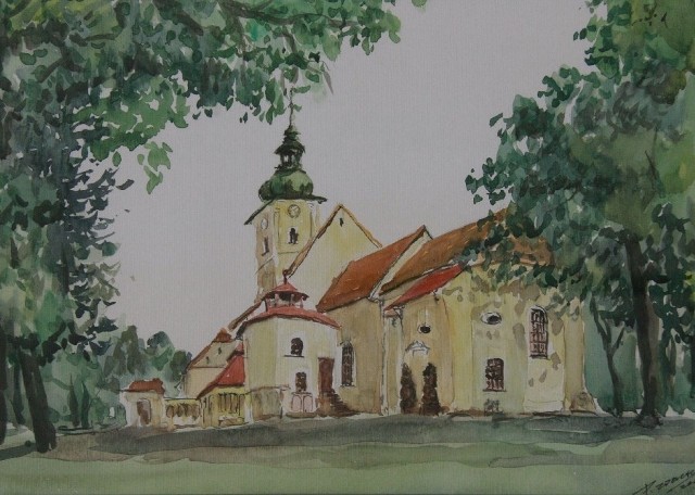 Akwarela Zdzislawa Połącarza przedstawiająca kościół w Trzemeszynie-Zdroju.