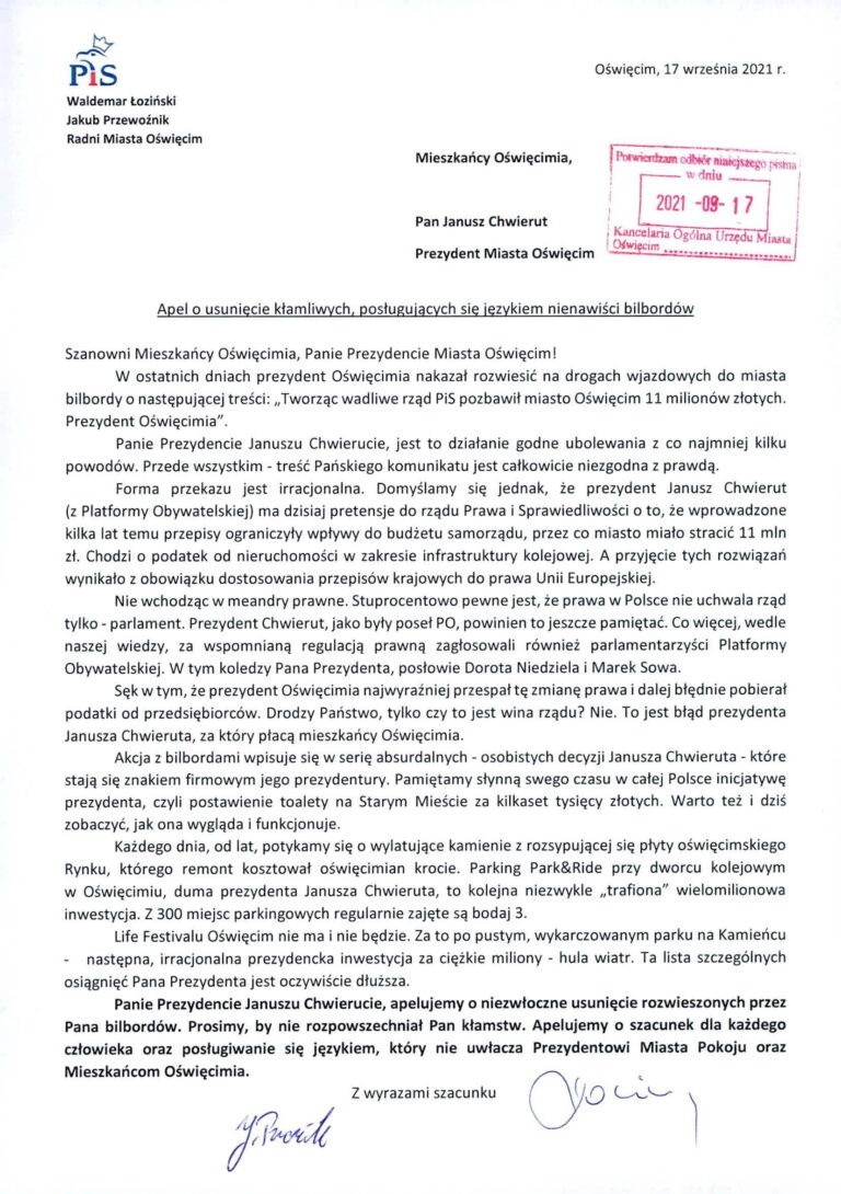 Radni PiS apelują do prezydenta Oświęcimia o usunięcie...