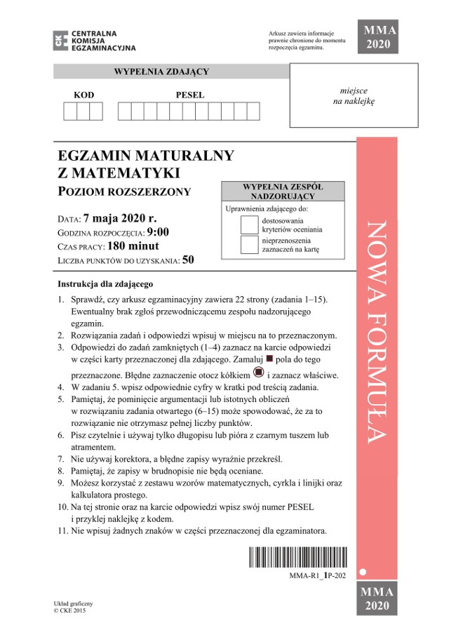 Matura matematyka 2020 CKE: arkusz i klucz odpowiedzi online z matematyki rozszerzonej