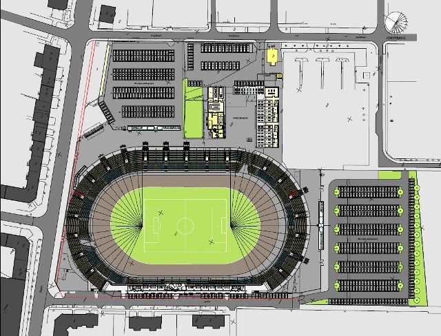 Tak wygląda plan rozbudowy stadionu. Na dole wizualizacji widać kamienice przy ul. Jasnej