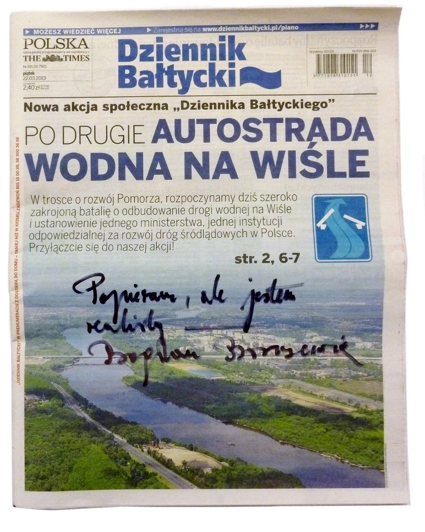 Bogdan Borusewicz poparł akcję "Po drugie: Autostrada wodna...