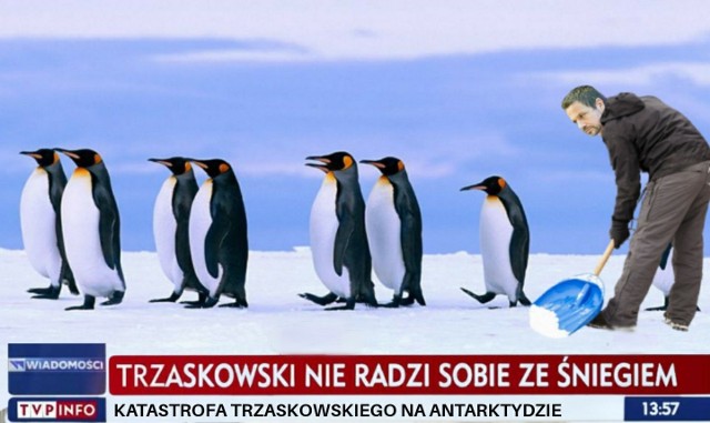 "Rafał Trzaskowski nie radzi sobie ze śniegiem" - pasek TVP Info wywołał falę memów. Zobacz je na kolejnych slajdach galerii