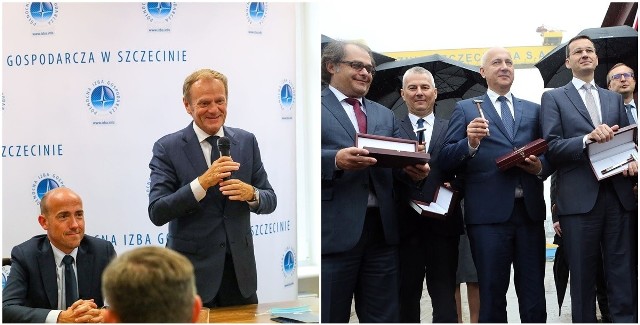 Donald Tusk podczas wizyty w Szczecinie 5 lipca 2021 r. | Położone stępki pod budowę pierwszego promu w Stoczni Szczecińskiej 23 czerwca 2017