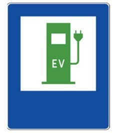 Znak informujący o punkcie ładowania pojazdów elektrycznych.