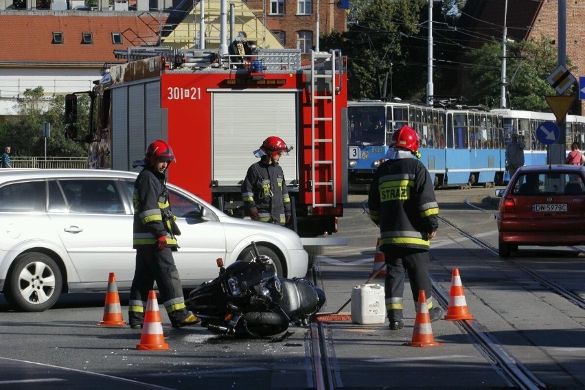 Pl. Wróblewskiego: Wypadek z udziałem motocyklisty. Nie jeździły tramwaje na Księże Małe [FOTO]