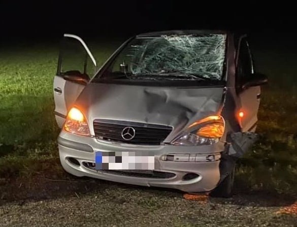 Wypadek: Grymiaczki. Groźne zderzenie mercedesa z łosiem na DK 8. Zwierzę nie przeżyło [ZDJĘCIA]