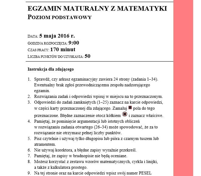 Matura 2016. MATEMATYKA podstawa: Była geometria, funkcje, równania ZADANIA, ARKUSZE CKE, ODPOWIEDZI