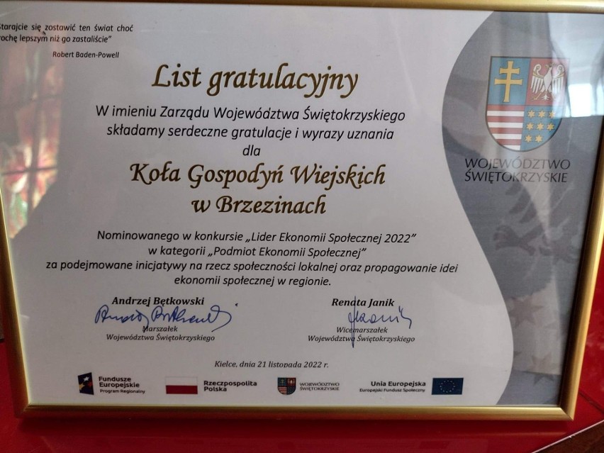 Koło Gospodyń Wiejskich w Brzezinach "Betulanki" nominowane do nagrody Lider Ekonomii Społecznej