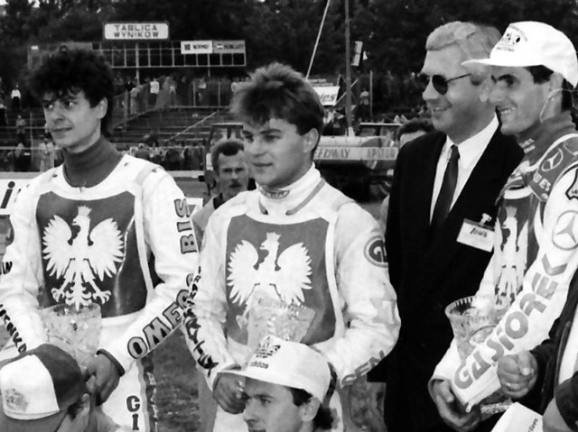 Rok 1993, DMŚ grupy B w Toruniu, jeszcze na Broniewskiego. Piotr Baron (w środku, z lewej Piotr Protasiewicz, z prawej Tomasz Gollob) zdobył wówczas 12 pkt.