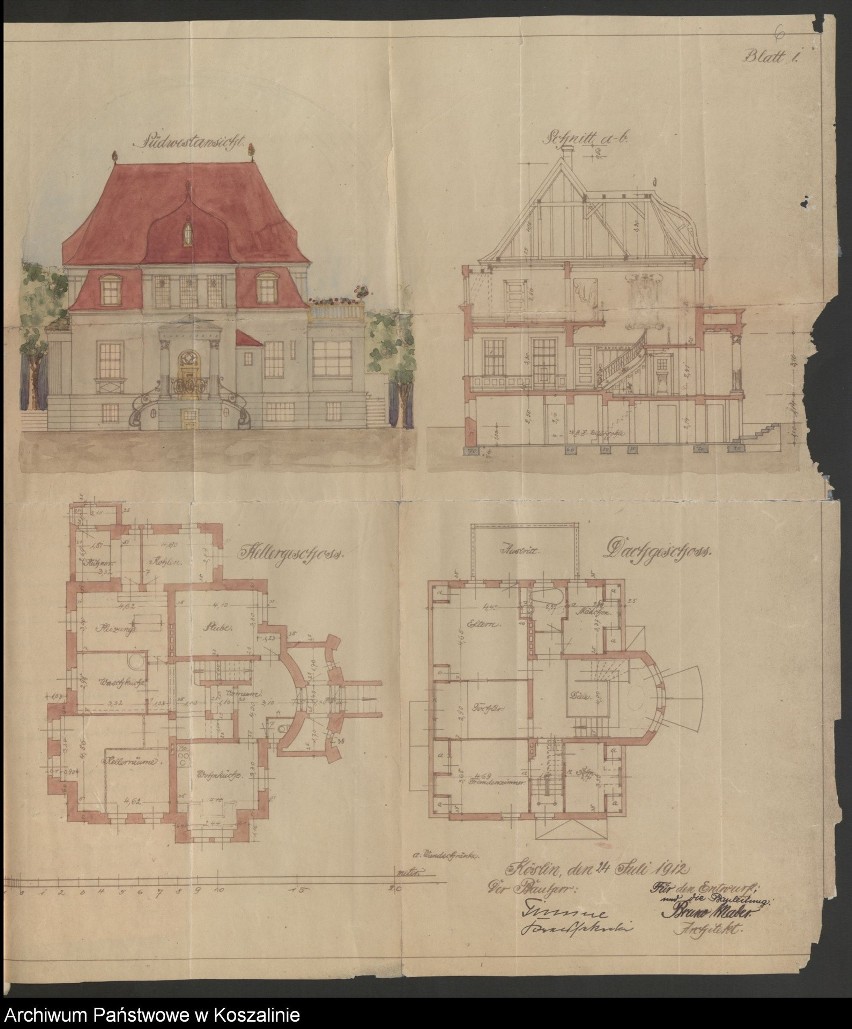 Projekt willi przy dzisiejszej ul. Piłsudskiego, 1912 r.