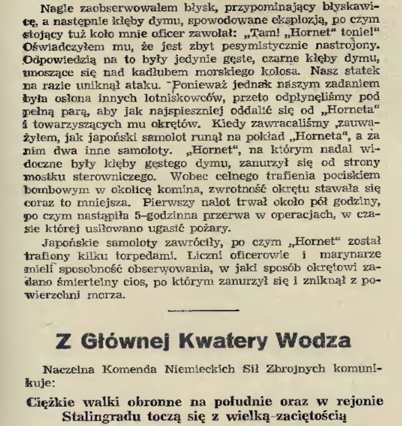 Fragment artykuł Arnota o zatopieniu Horneta w Dzienniku...