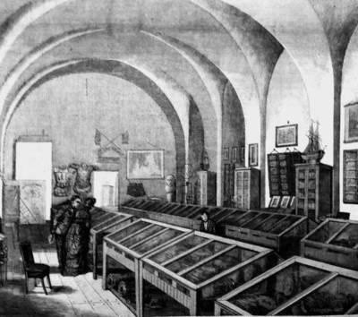 Sala Muzeum Techniczno-Przemysłowego w refektarzu oo. Franciszkanów. Rycina z "Tygodnika Ilustrowanego" z 1869 r. Repr. Archiwum autora