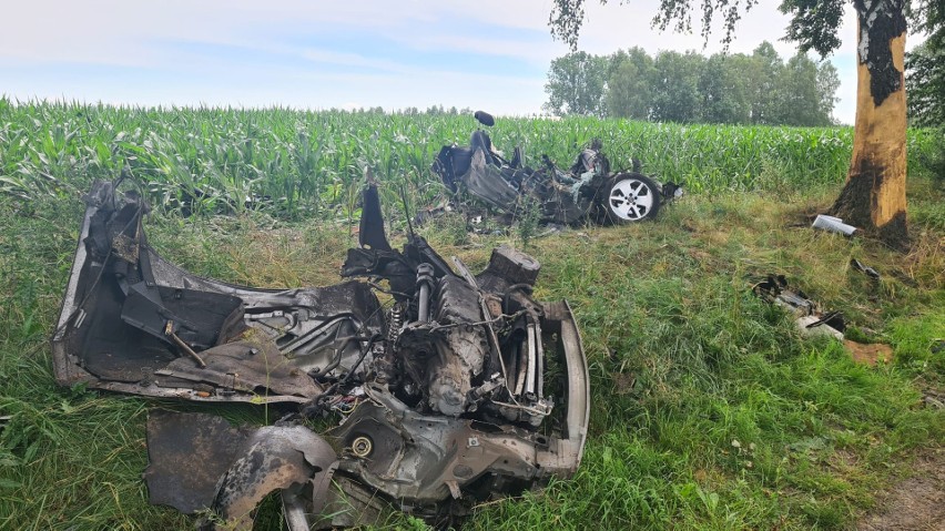 Śmiertelny wypadek w Jastrzębiu Górnym (gm. Aleksandrów Ł.). Zmasakrowane auto. ZDJĘCIA