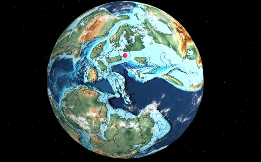 Ziemia 105 mln lat temu - Kraków zaznaczony czerwoną kropką