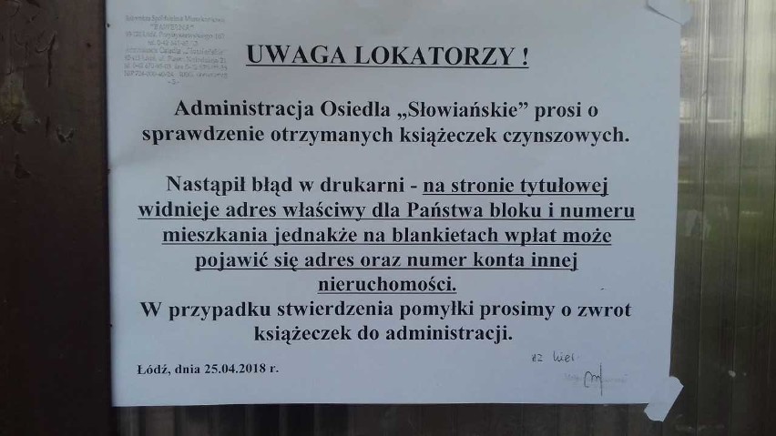 Lokatorzy osiedla Słowiańskie w Łodzi dostali książeczki czynszowe ze złymi numerami kont