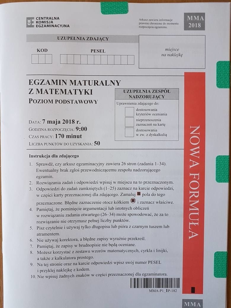 Matura 2018 matematyka podstawowa Arkusz CKE, Odpowiedzi...