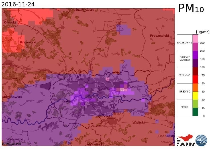 Prognoza stężenia pyłów PM 10 w Krakowie.