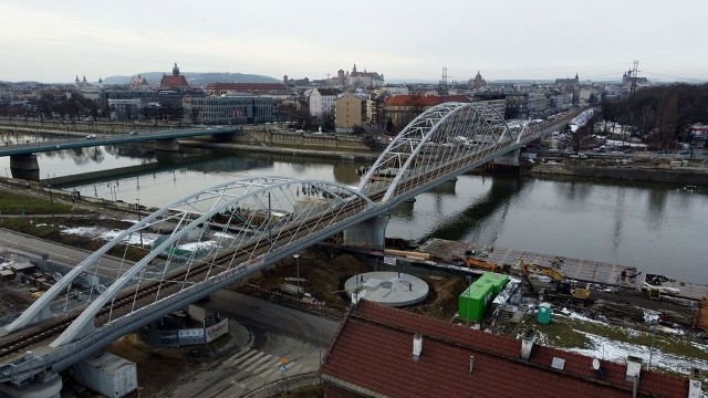 Trwają prace przygotowawcze do budowy kładki pieszo-rowerowej Grzegórzki - Zabłocie. Obiekt ma powstać obok jednego z mostów kolejowych powstających nad Wisłą w Krakowie.
