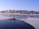 Mrągowo: Strażacy ratują przymarznięte łabędzie (zdjęcia)