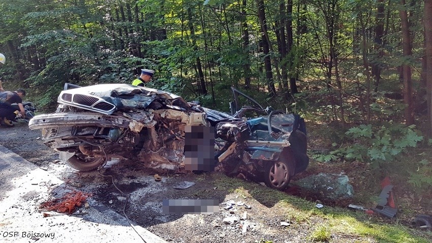 Śmiertelny wypadek w Bieruniu na DW 931. Kierowca daewoo uderzył w drzewo i przekoziołkował do rowu ZDJĘCIA