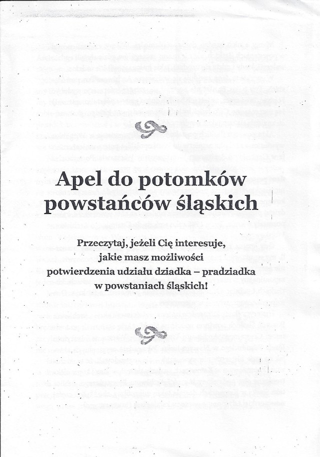 Apel do potomków powstańców śląskich