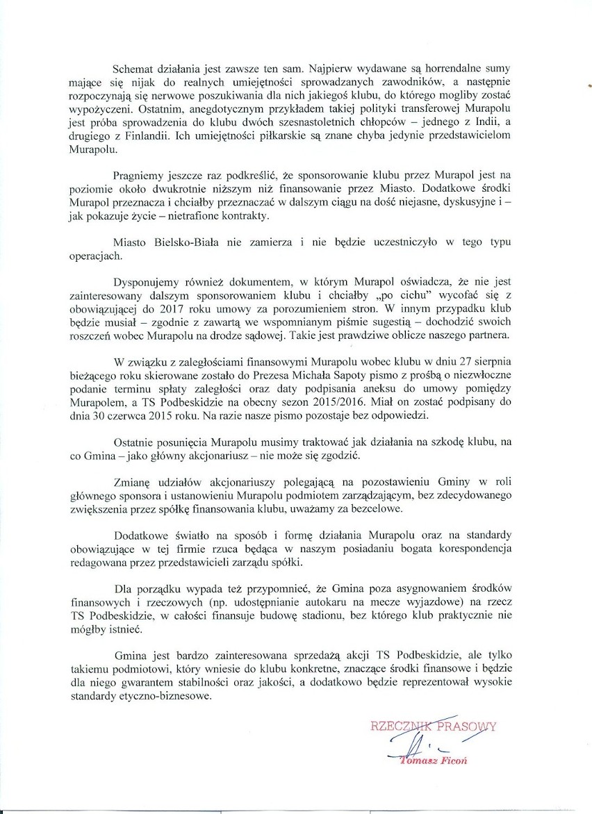 Oświadczenie władz Bielska-Białej