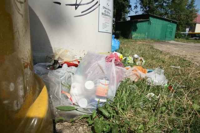 Śmietnisko przy pojemnikach do segregacji śmieci na Bukówce w Kielcach irytuje mieszkańców.