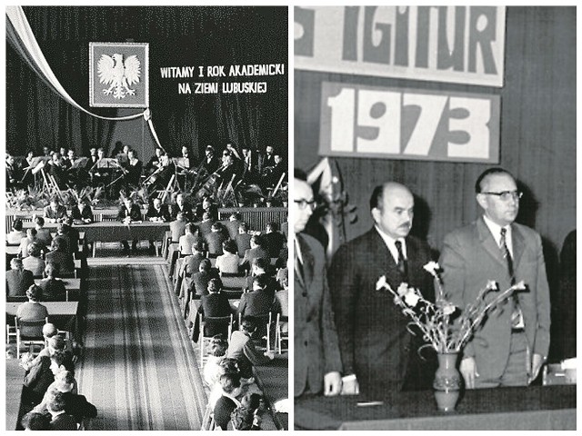 Pierwsza inauguracja roku akademickiego w Wyższej Szkole Inżynierskiej odbyła się w siedzibie Komitetu Wojewódzkiego PZPR w 1965 roku (zdjęcie z lewej), a w Wyższej Szkole Pedagogicznej - w 1973 roku (foto z prawej).