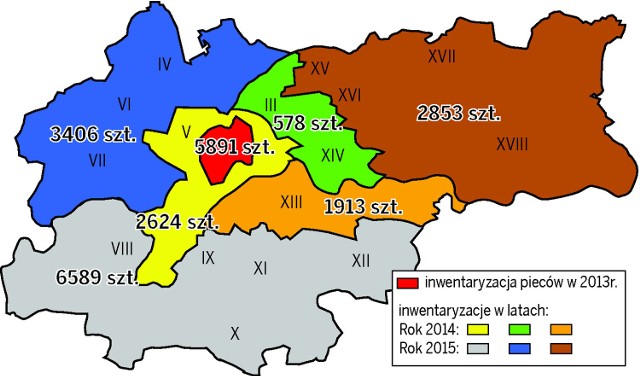 Mapa prezentuje liczbę oszacowanych palenisk węglowych w poszczególnych obszarach Krakowa