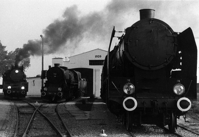 Obraz przedstawia lokomotywownię w roku 1993.