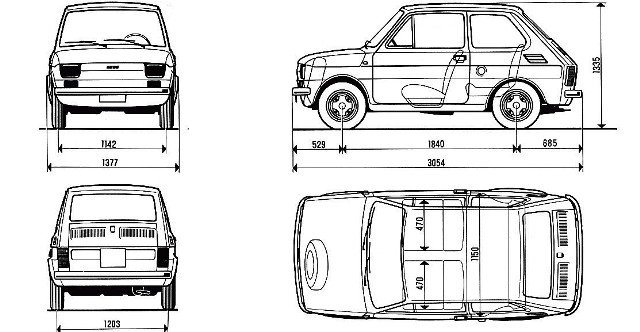Oto wymiary klasycznego Polskiego Fiata 126 p.  Produkowany był w wersjach: Standard (650E), Special (650ES),  Komfort (650EK) i dla inwalidów (650EI). Równolegle z silnikami o po-jemności 650 cm, do 1978 r.  produkowano 600 cm.  W kwietniu 1985 zmiany me-chaniczne i kosmetyczne zaowocowały wersją FL czyli face lifting.  W styczniu 1997 r. wprowadzeno oficjalnie nazwę Maluch. CIS